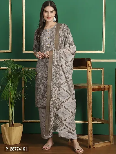 Stylish Grey Cotton Printed Kurta Bottom and Dupatta Set For Women
