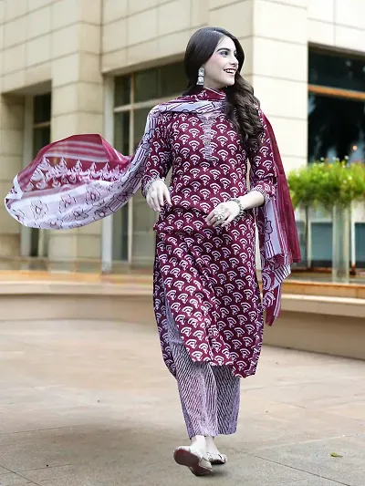 Stylish Cotton Printed Kurta Bottom Dupatta Set