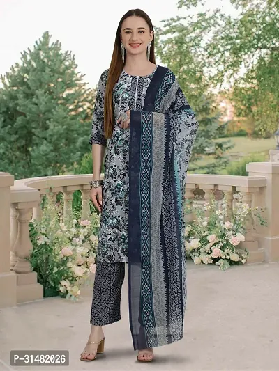 Stylish Navy Blue Cotton Blend Printed Kurta, Bottom and Dupatta Set For Women-thumb0