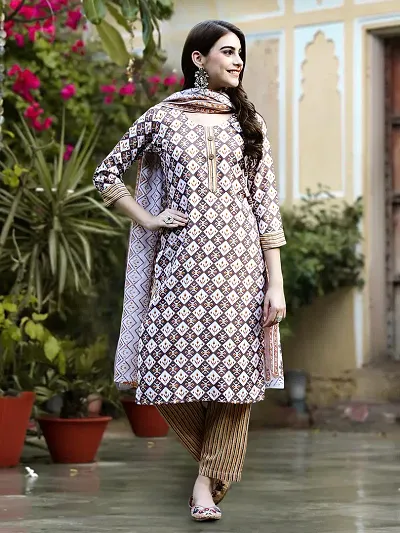 Stylish A-Line Kurta, Bottom and Dupatta Set For Women