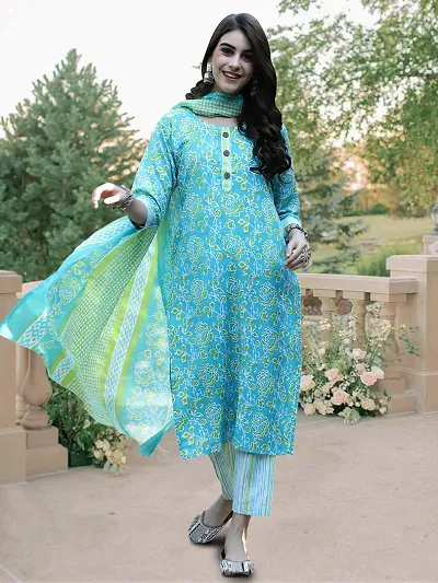 Stylish Cotton Blend Printed Kurta Bottom Dupatta Set