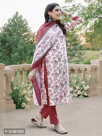 Stylish Red Cotton Blend Printed Kurta, Bottom and Dupatta Set For Women-thumb2