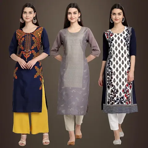 Stylish Crepe Printed Straight Kurti - Pack of 3