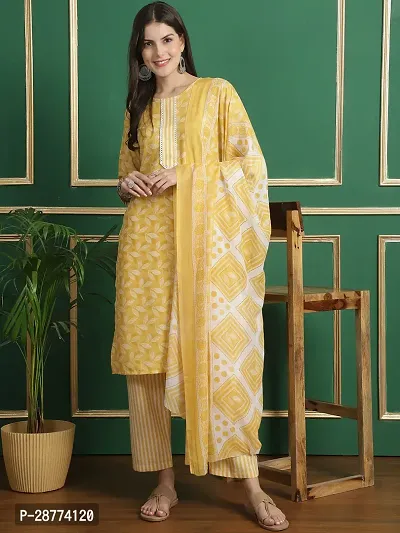 Stylish Yellow Cotton Printed Kurta Bottom and Dupatta Set For Women