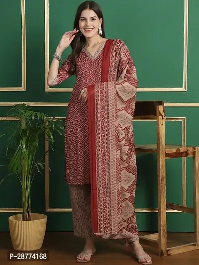 Stylish Red Cotton Printed Kurta Bottom and Dupatta Set For Women