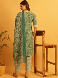 Stylish Green Cotton Printed Kurta Bottom and Dupatta Set For Women-thumb1