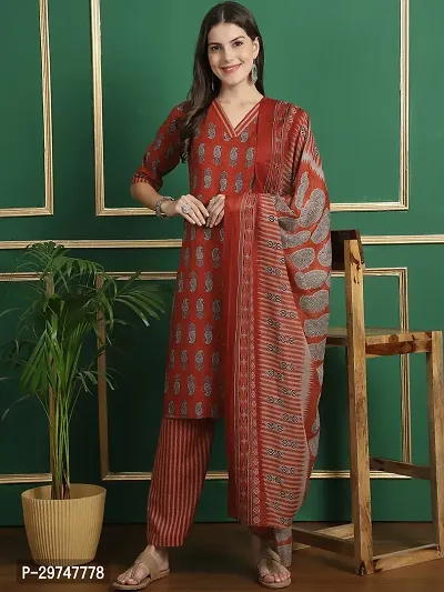 Stylish Red Cotton Kurta, Bottom And Dupatta Set For Women-thumb2