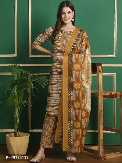 Stylish Brown Cotton Printed Kurta Bottom and Dupatta Set For Women