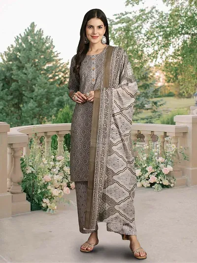 Stylish Blend Kurta With Pant And Dupatta Set For Women