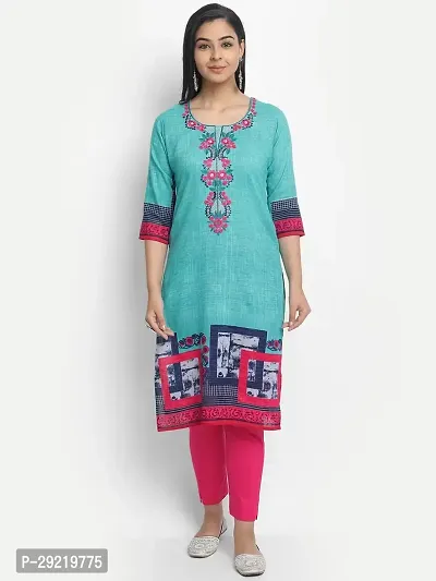 Stylish Turquoise Cotton Embroidered Kurta For Women-thumb0