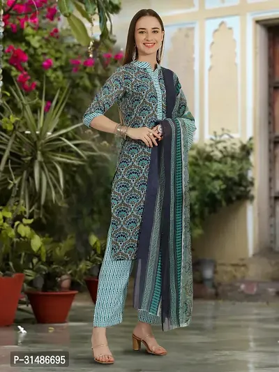 Stylish Teal Cotton Blend Printed Kurta Bottom and Dupatta Set For Women-thumb5