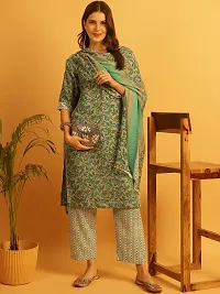 Stylish Green Cotton Printed Kurta Bottom and Dupatta Set For Women-thumb2