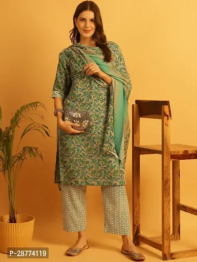Stylish Green Cotton Printed Kurta Bottom and Dupatta Set For Women-thumb3