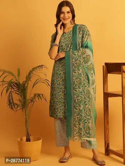 Stylish Green Cotton Printed Kurta Bottom and Dupatta Set For Women-thumb0