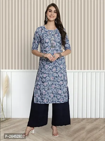 Stylish A-Line Blue Printed Crepe Kurta For Women