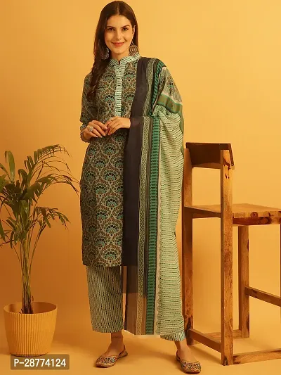 Stylish Green Cotton Printed Kurta Bottom and Dupatta Set For Women