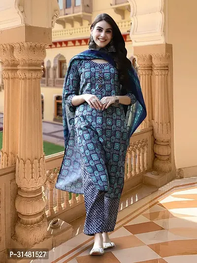 Stylish Blue Cotton Blend Printed Kurta, Bottom and Dupatta Set For Women-thumb2