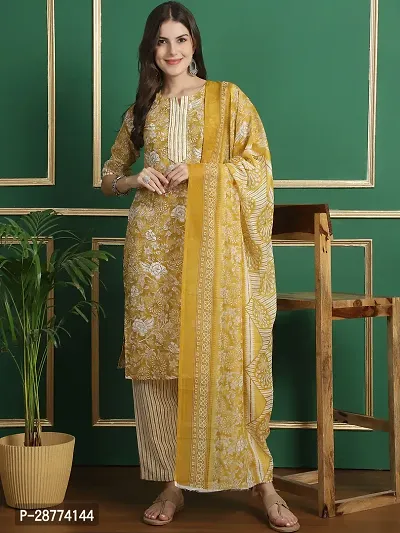 Stylish Yellow Cotton Printed Kurta Bottom and Dupatta Set For Women