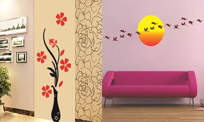 Ghar Kraft Set of 2 Wall Sticker Flower Vase and Decorative Wall Sticker for Home Office