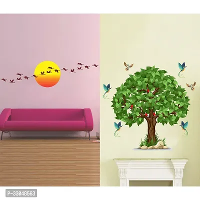 Combo Set of 2 Green Tree | Sunrise with Flying BirdWall Decals for Hall, bedroom  kitchen-thumb0