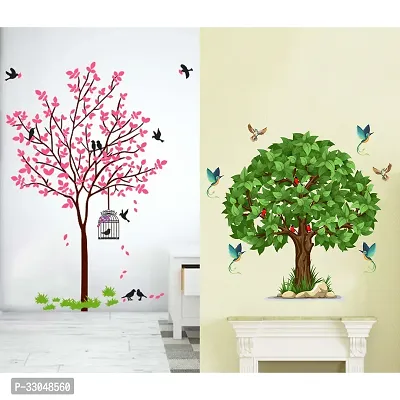 Combo Set of 2 Green Tree | Pink Tree With Bird And NestWall Decals for Hall, bedroom  kitchen