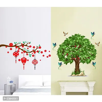 Combo Set of 2 Green Tree | Red flower with lanternWall Decals for Hall, bedroom  kitchen-thumb0