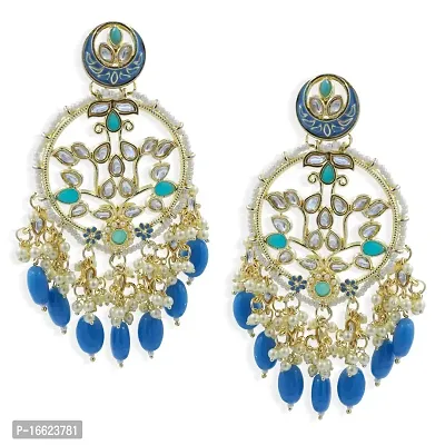 PRIVIU BlueTraditional Gold Plated Handcrafted Pearl Kundan Beaded Dangle Earrings for Women