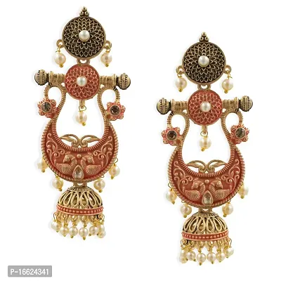 PRIVIU Traditional Red and Gold Bridal Wear Pearl Hangings Meenakari Jhumki Earrings