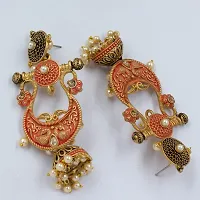 PRIVIU Traditional Red and Gold Bridal Wear Pearl Hangings Meenakari Jhumki Earrings-thumb1