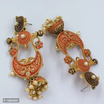 PRIVIU Traditional Red and Gold Bridal Wear Pearl Hangings Meenakari Jhumki Earrings-thumb2
