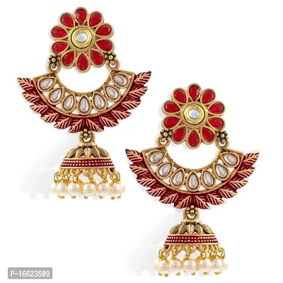 PRIVIU Red Meenakari Chandbali, Pearl Jhumka, Floral  Stylish Jhumka Earrings for Women  Girls-thumb0