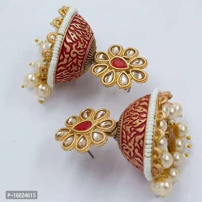 PRIVIU Earrings for Women  Girls | Traditional Gold and Red Meenakari Jhumka | Floral Jhumki with Pearl Drops-thumb2