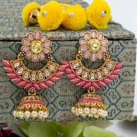 PRIVIU Pink Meenakari Chandbali, Pearl Jhumka, Floral  Stylish Jhumka Earrings for Women  Girls-thumb3