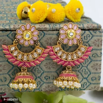 PRIVIU Pink Meenakari Chandbali, Pearl Jhumka, Floral  Stylish Jhumka Earrings for Women  Girls-thumb4