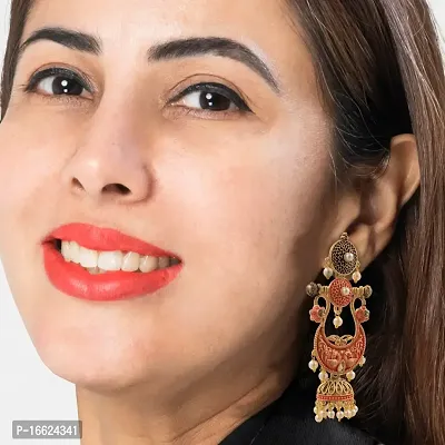 PRIVIU Traditional Red and Gold Bridal Wear Pearl Hangings Meenakari Jhumki Earrings-thumb4