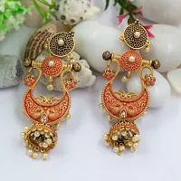 PRIVIU Traditional Red and Gold Bridal Wear Pearl Hangings Meenakari Jhumki Earrings-thumb4