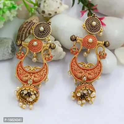 PRIVIU Traditional Red and Gold Bridal Wear Pearl Hangings Meenakari Jhumki Earrings-thumb5