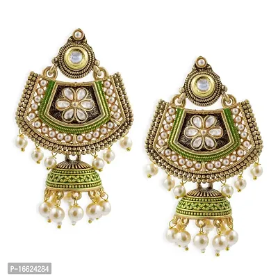 PRIVIU Jewellery Green Meenakari  Kundan Pearls Floral Large Ethnic Jhumka Earring For Women