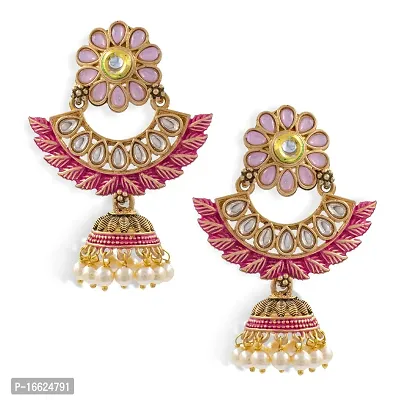 PRIVIU Pink Meenakari Chandbali, Pearl Jhumka, Floral  Stylish Jhumka Earrings for Women  Girls