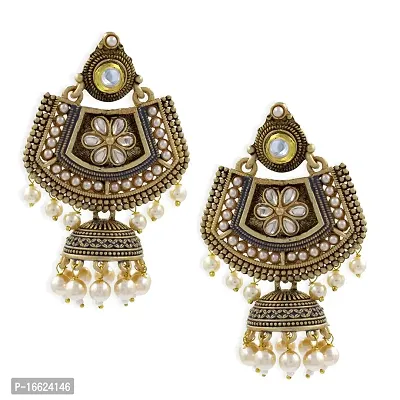 PRIVIU Grey Meenakari  Pearls Drop Floral Large Ethnic Jhumka Earring For Women-thumb0