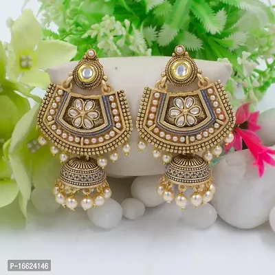 PRIVIU Grey Meenakari  Pearls Drop Floral Large Ethnic Jhumka Earring For Women-thumb5