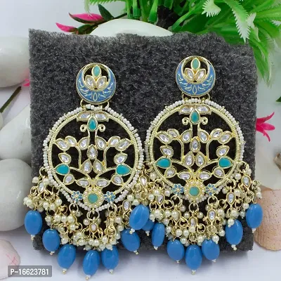 PRIVIU BlueTraditional Gold Plated Handcrafted Pearl Kundan Beaded Dangle Earrings for Women-thumb2