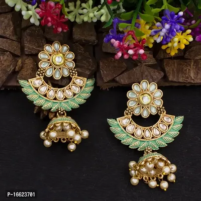 PRIVIU Green Meenakari Chandbali, Pearl Jhumka, Floral  Stylish Jhumka Earrings for Women  Girls-thumb4