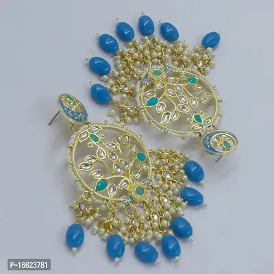 PRIVIU BlueTraditional Gold Plated Handcrafted Pearl Kundan Beaded Dangle Earrings for Women-thumb3