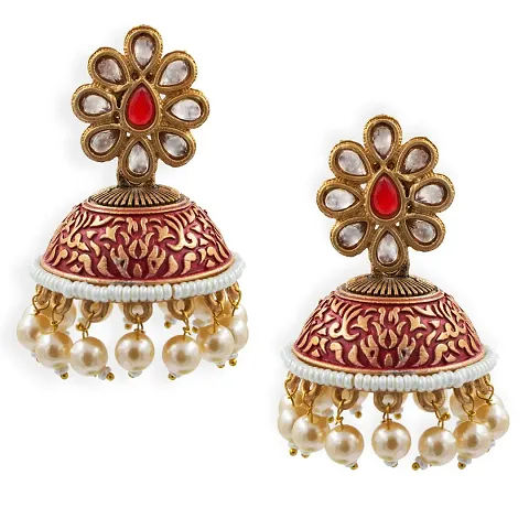 PRIVIU Traditional Meenakari Jhumka | Floral Jhumki Earrings | Kundan Studded with Pearl Drops for Women