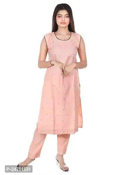 Zignoco Women Sleeve Less Kurta Pant Set South Cotton (Large, Peach)-thumb0