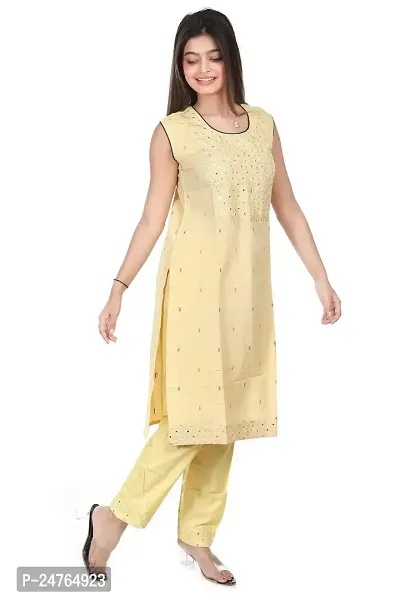 Zignoco Women Sleeve Less Kurta Pant Set South Cotton (Medium, Yellow)-thumb3