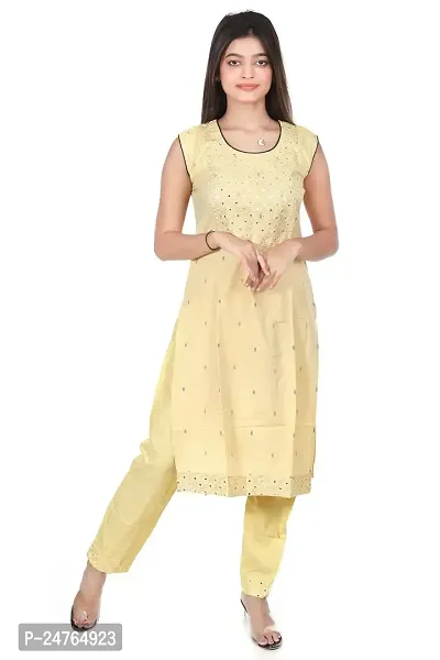 Zignoco Women Sleeve Less Kurta Pant Set South Cotton (Medium, Yellow)