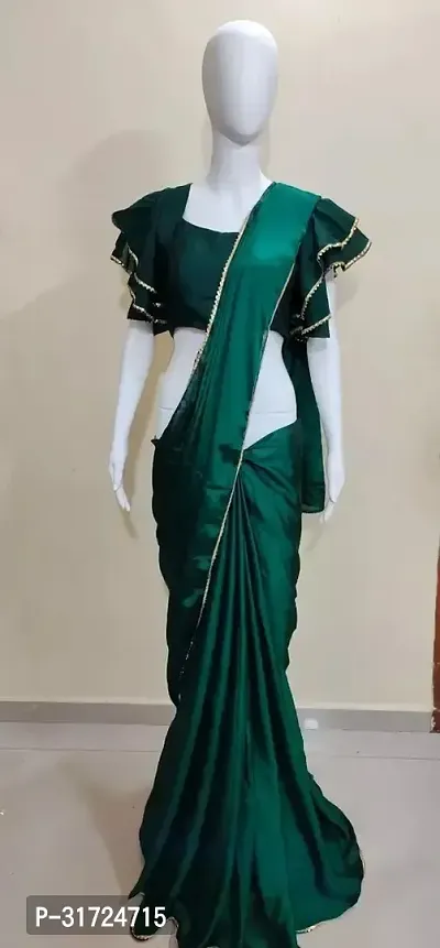 Stylish Georgette Green Solid Ready to Wear Stitched Saree with Blouse Piece-thumb0