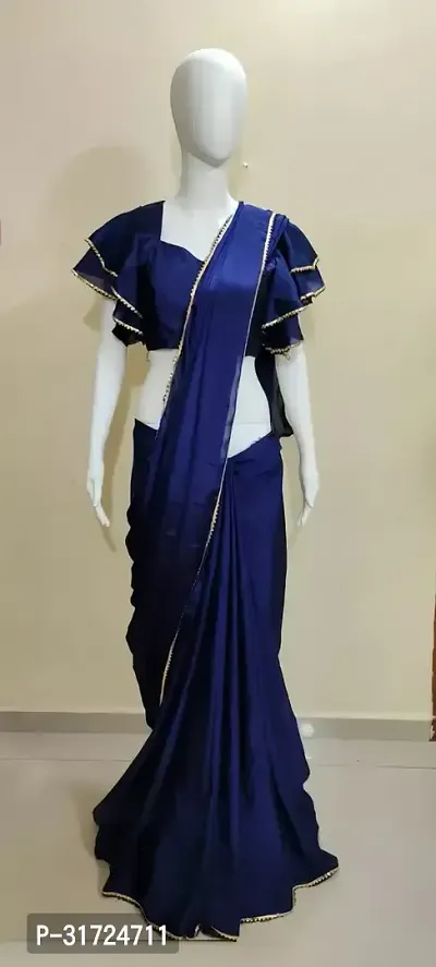 Stylish Georgette Blue Solid Ready to Wear Stitched Saree with Blouse Piece